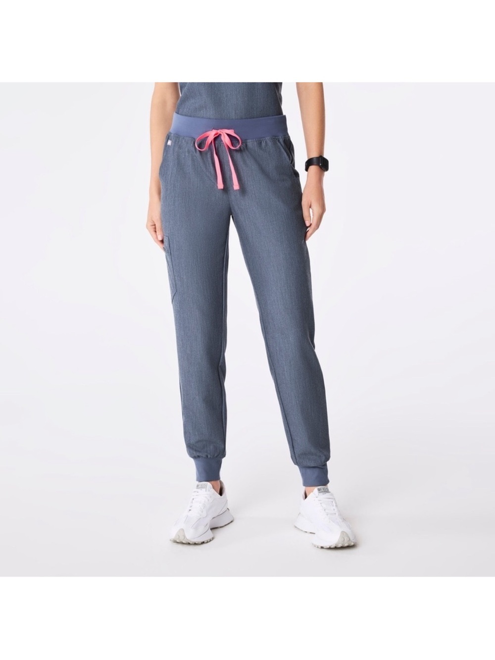 Figs Women's Zamora Jogger Pants Heather Denim with Pink Drawstring XS